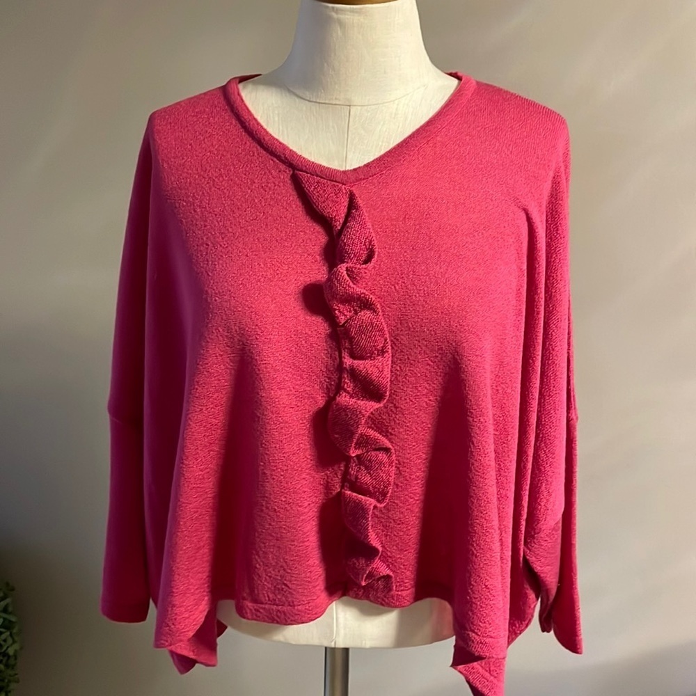 Kimono Sleeve Crop woman’s lightweight ruffle front knit sweater fuchsia O/S